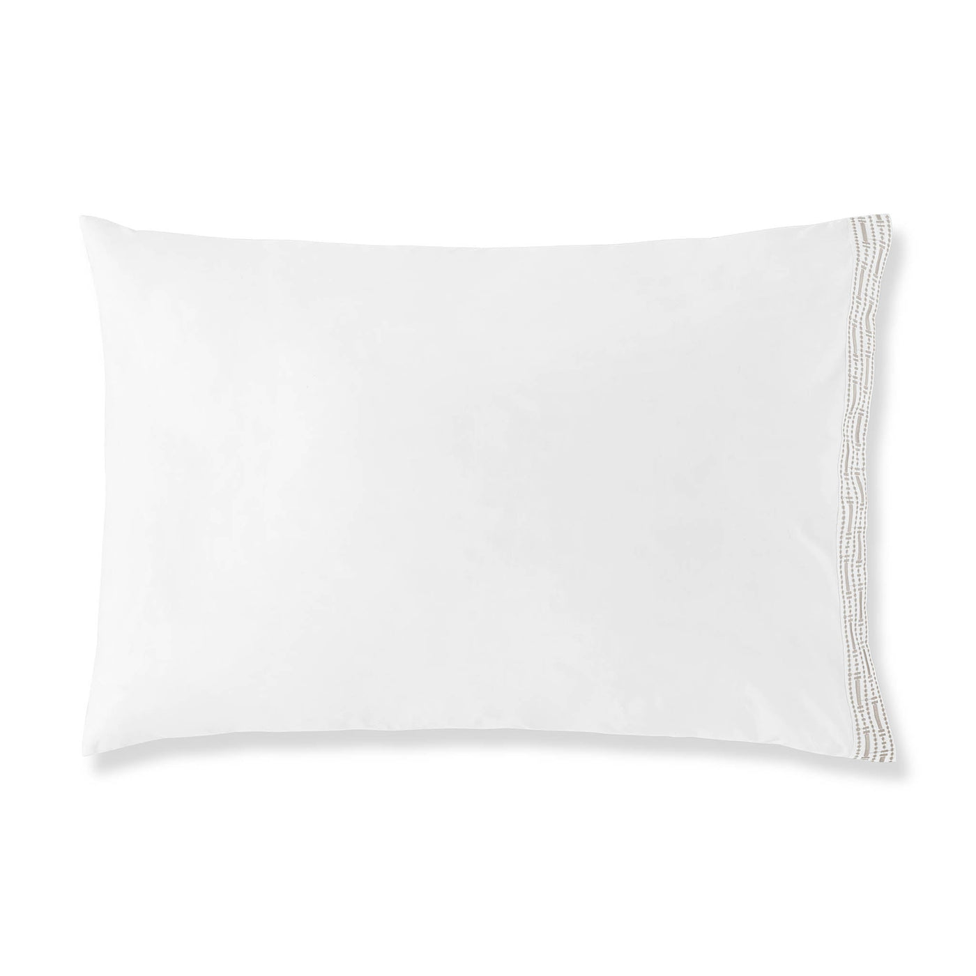 The Memoria Pillowcase Pair features white embroidered fabric with subtle stripes along one edge, shown against a plain white background.