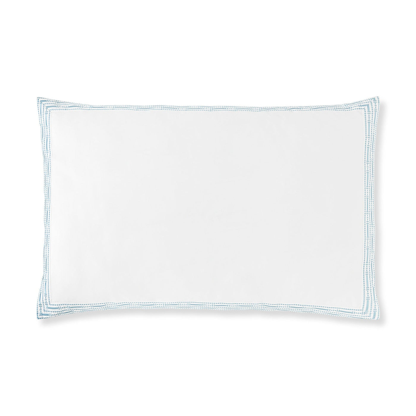 Amalia Home Collection Memoria white pillow sham with sky blue embroidered border detail.
