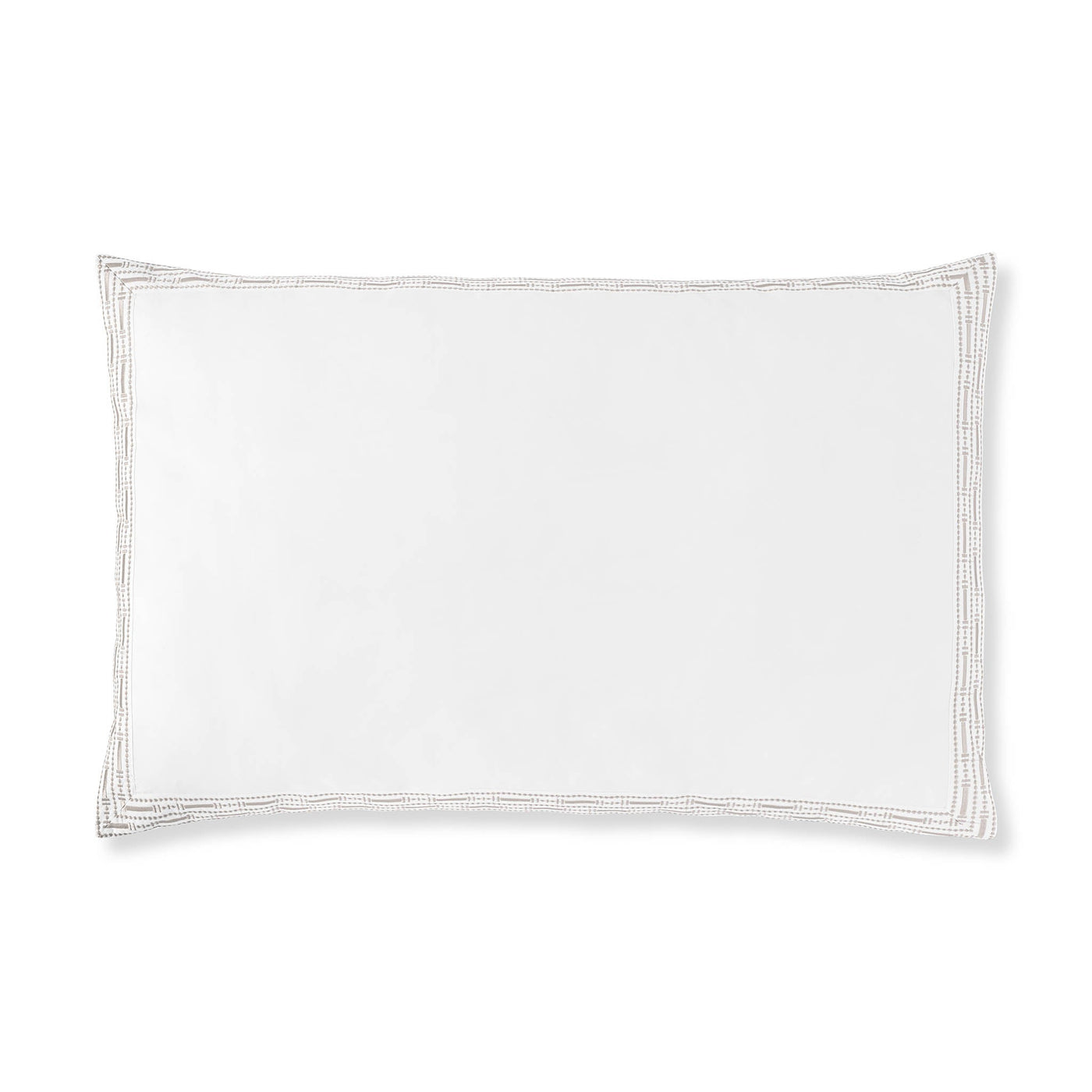 Flat lay showing double-row dotted embroidery border detail on white cotton sham.