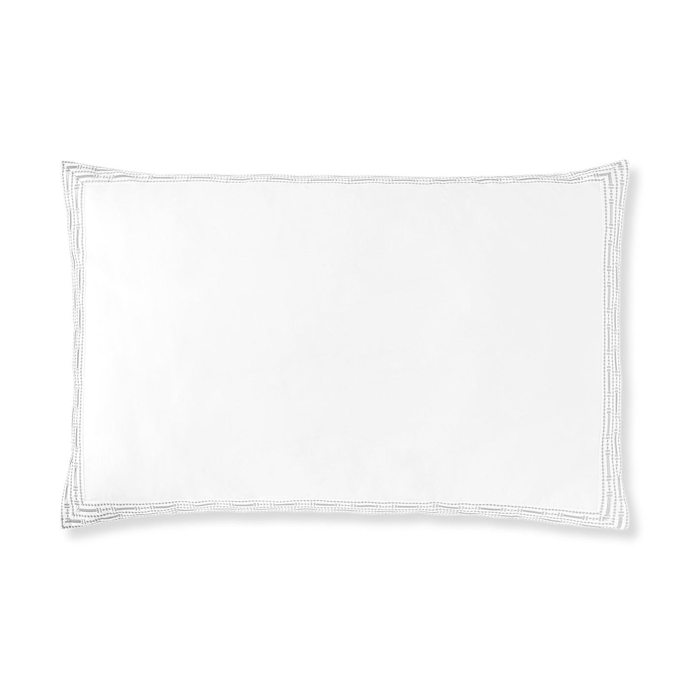 Close-up of white pillow sham with triple row grey dotted embroidery border detail.