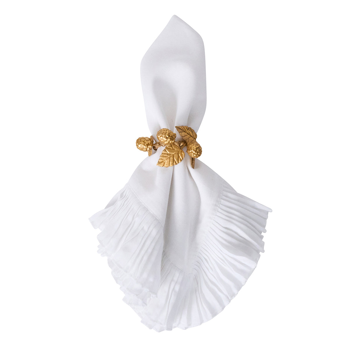 Juliska Forest Walk gold acorn and leaf napkin ring on a white ruffled napkin