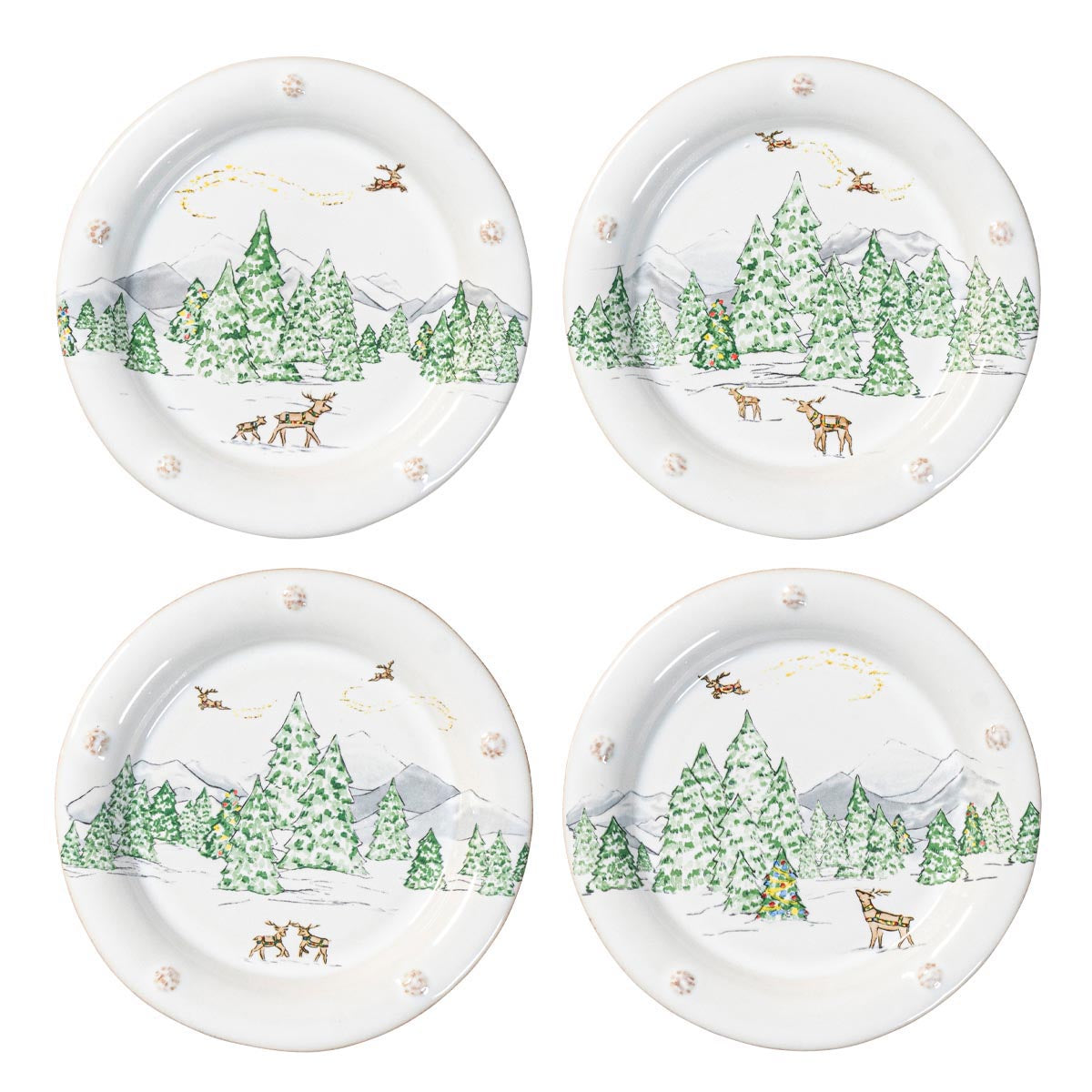 Juliska Berry & Thread North Pole assorted set of four side plates with snowy evergreens and reindeer