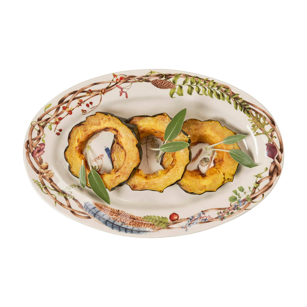 Juliska Forest Walk Gratitude platter holding roasted acorn squash slices and sage