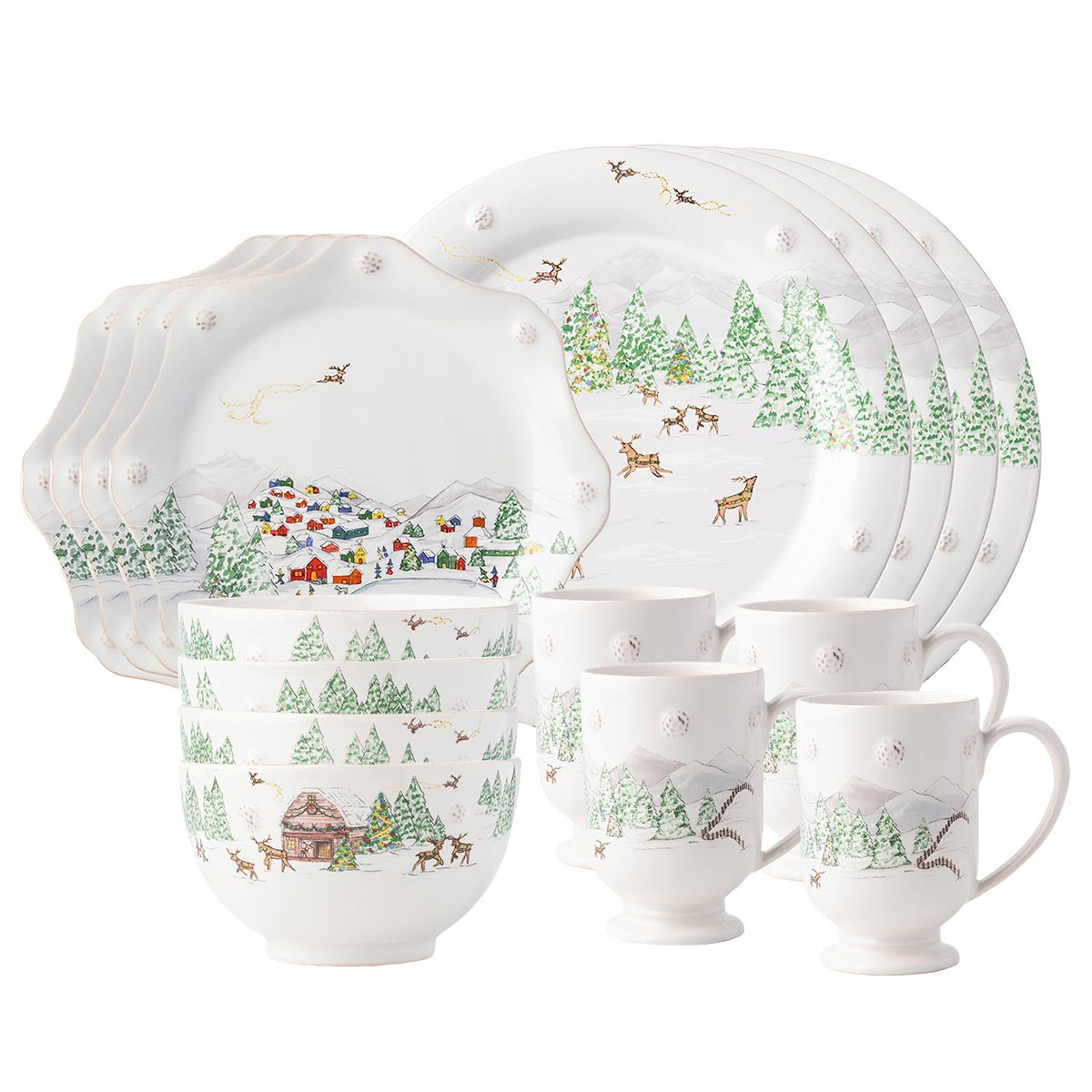 Juliska Berry & Thread North Pole 16 piece place setting of dinner plates, salad plates, cereal bowls and mugs