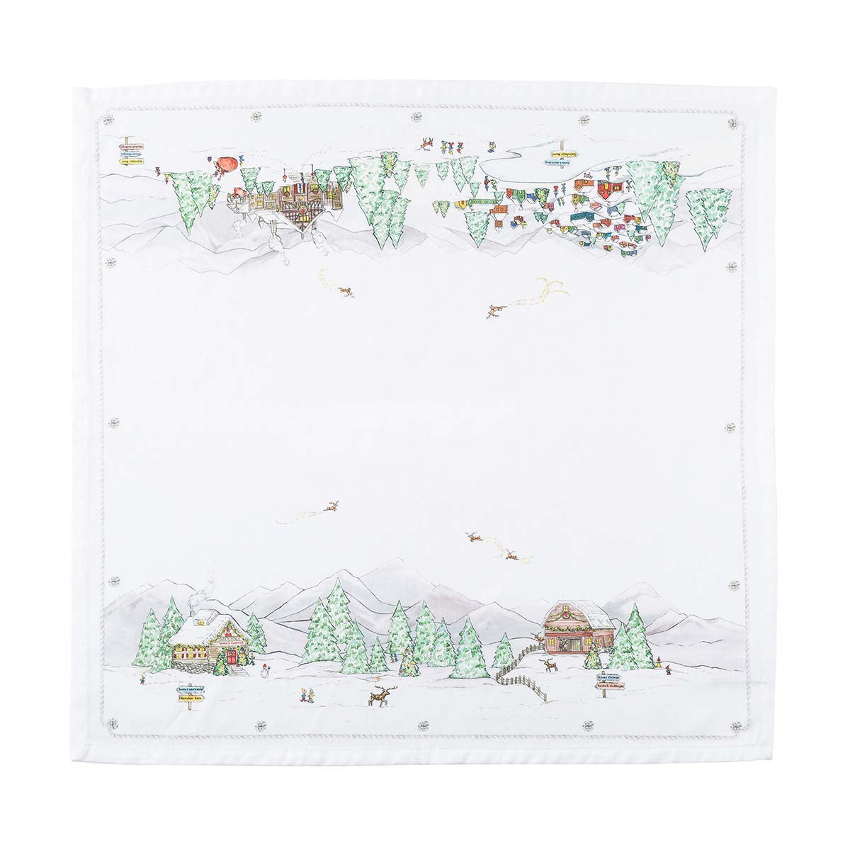 North Pole napkin unfolded, showing a snowy village border