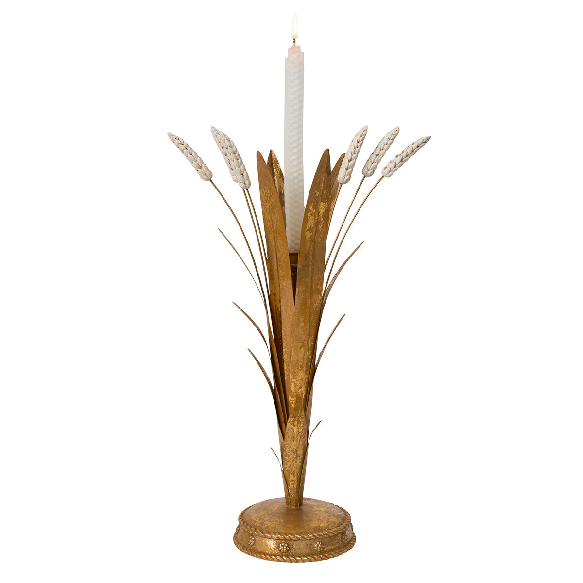 Juliska Forest Walk 17 inch gold wheat candlestick holder holding a white taper candle