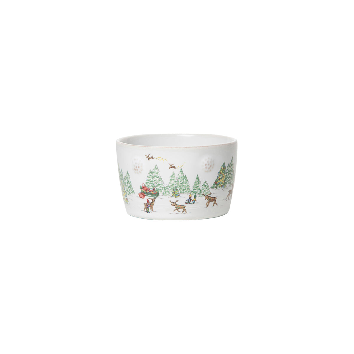 Juliska Berry & Thread North Pole ramekin painted with reindeer among snowy evergreens