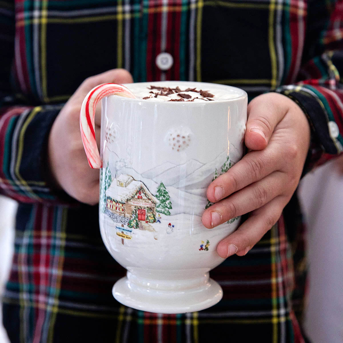 Hands in a plaid shirt holding a North Pole mug of hot cocoa