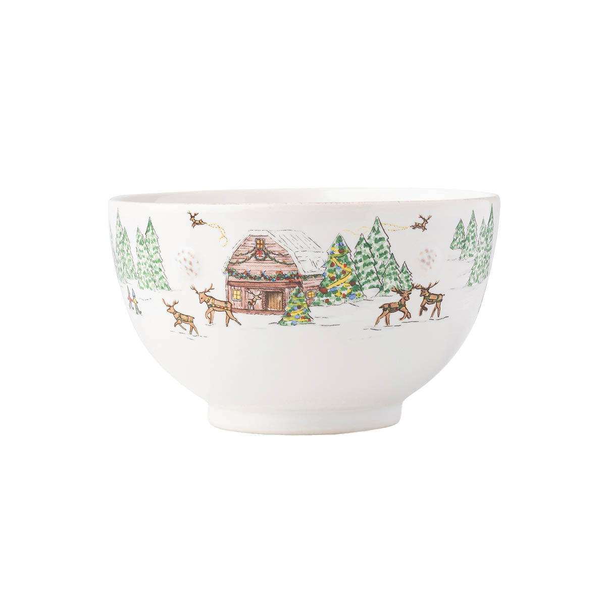 North Pole cereal bowl with a log cabin and reindeer