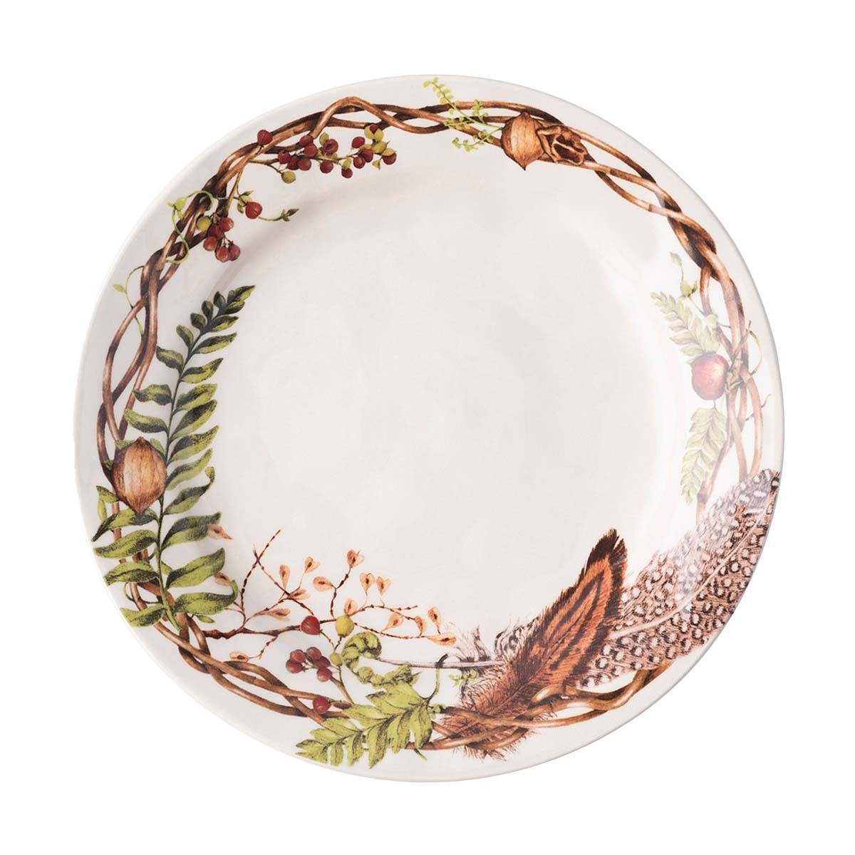 Juliska Forest Walk dinner plate with a painted wreath of twigs, ferns, feathers, acorns and berries