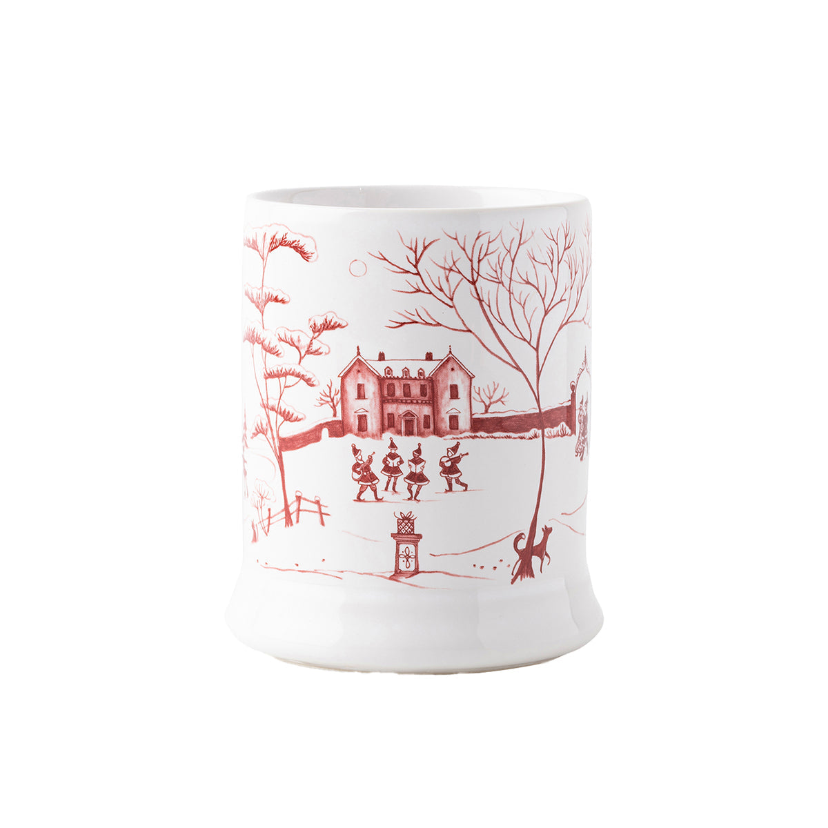 Ruby Santa and Merry mug showing the boathouse pond and skaters
