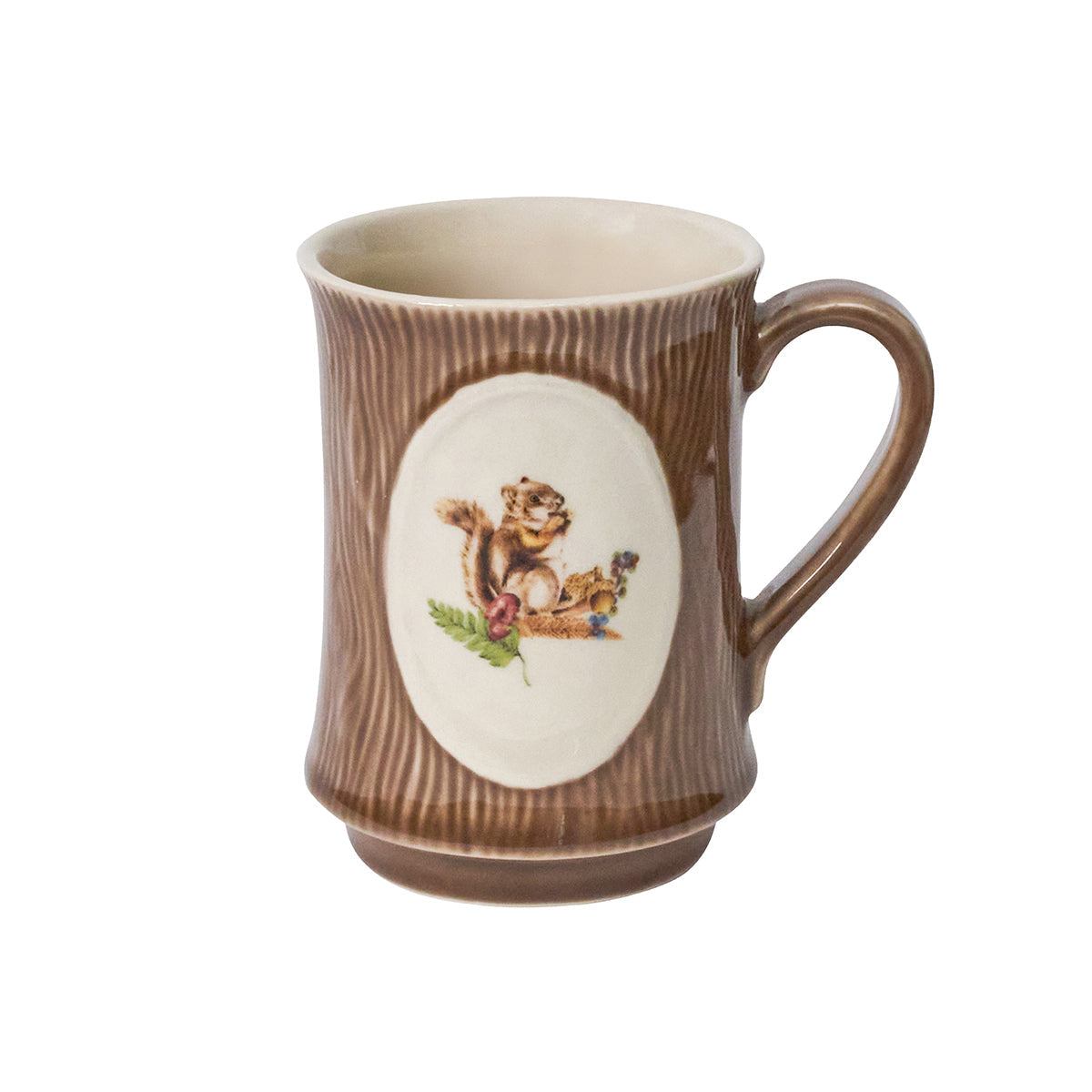 Juliska Forest Walk brown bark-textured mug with a squirrel in a cream oval medallion