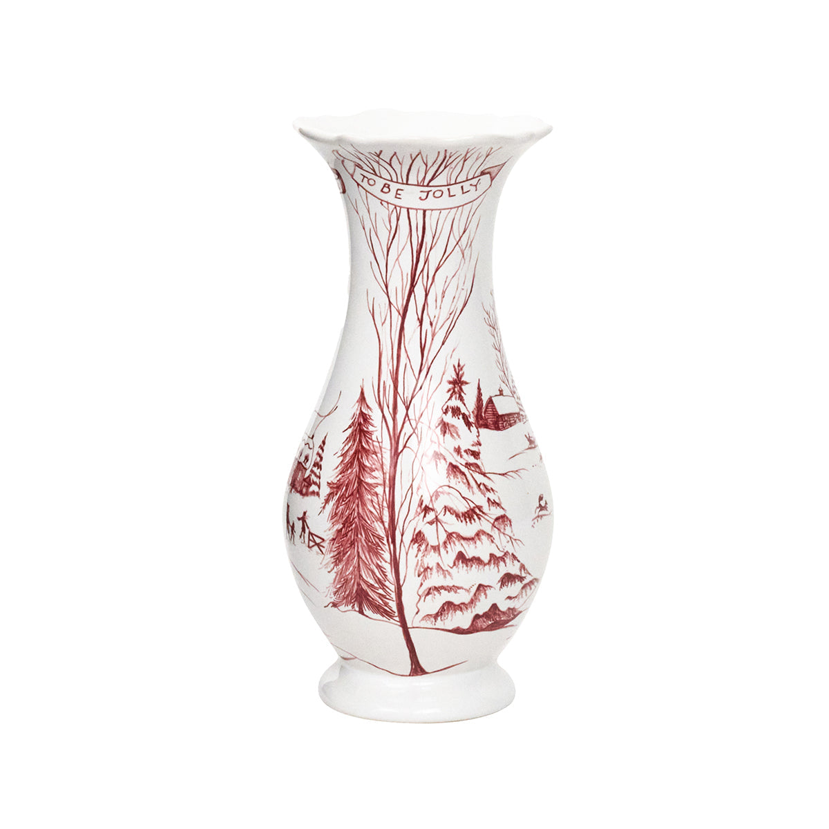 Ruby Winter Frolic vase from the side with bare winter trees