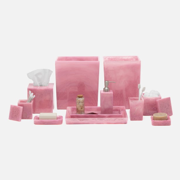 Pigeon & Poodle Abiko collection displayed in pink resin, full bathroom accessory set.