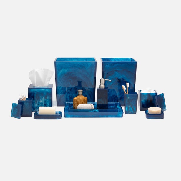 Pigeon & Poodle Abiko bath accessory collection in marbled blue resin, full set styled.