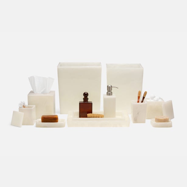 Pigeon & Poodle Abiko bath collection in ivory alabaster, full set styled on white background.