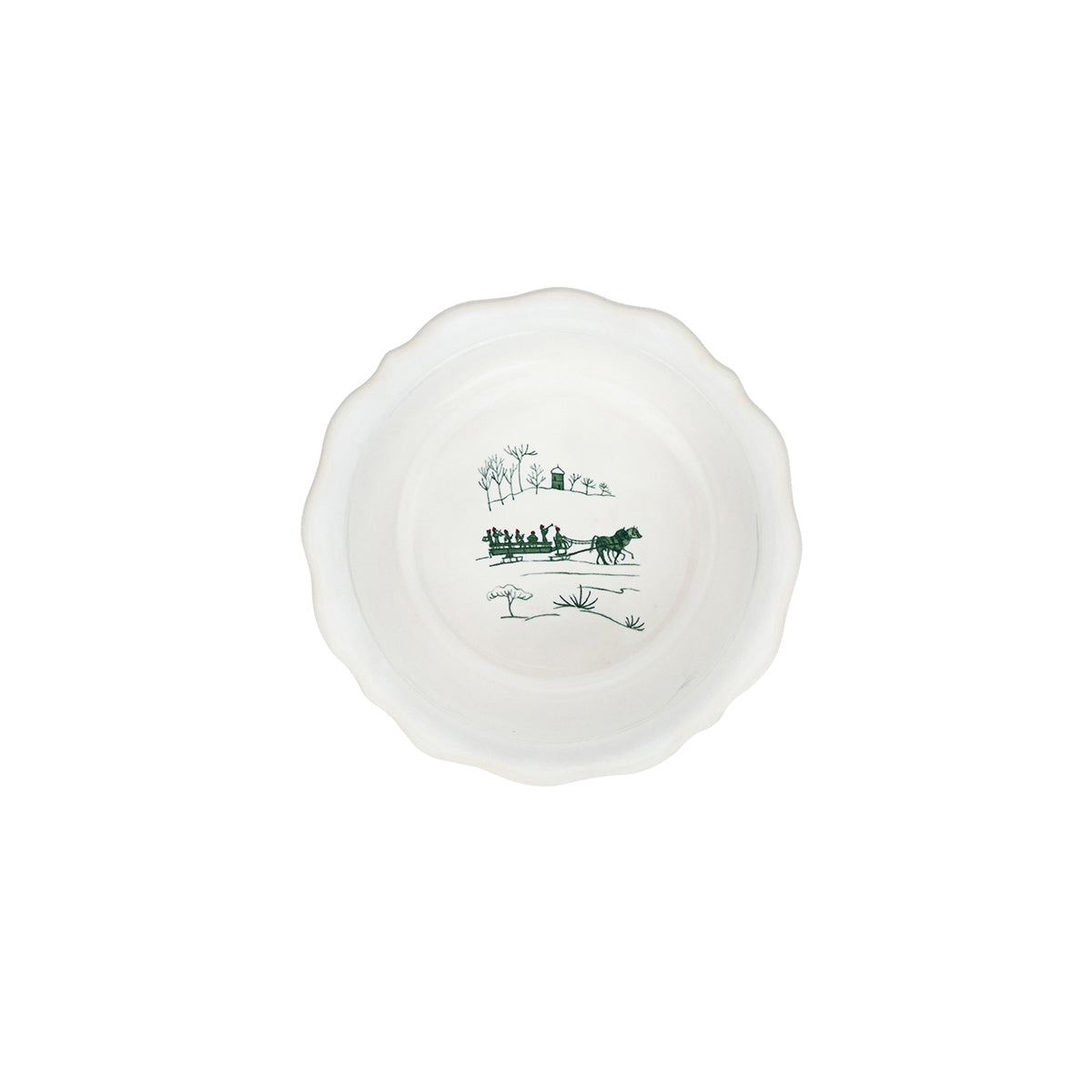 Inside of an evergreen Winter Frolic ramekin with a painted sleigh