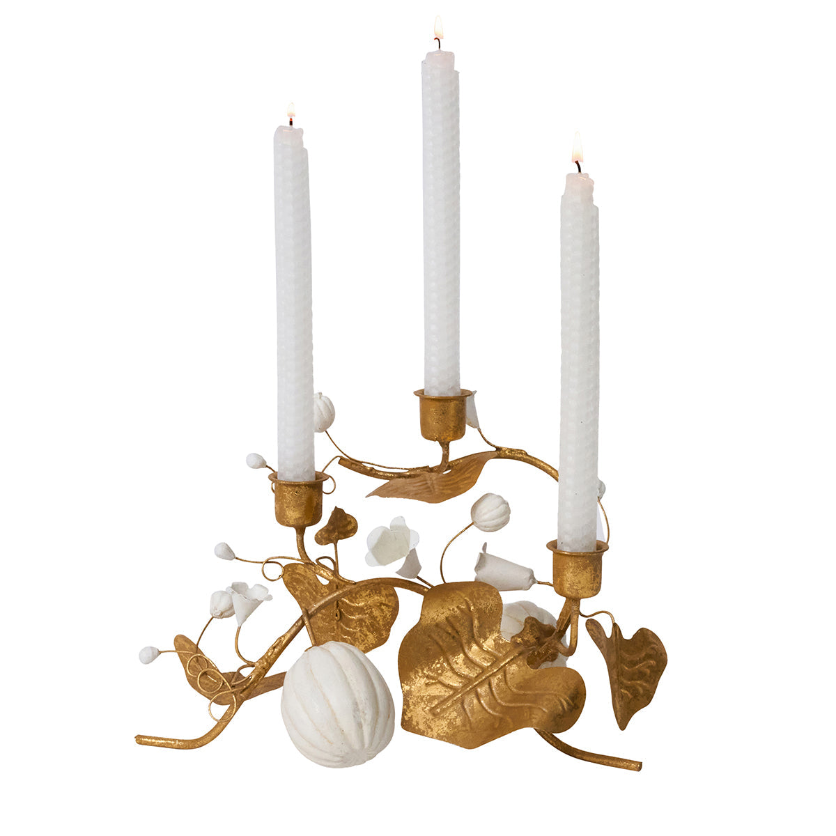 Juliska Forest Walk gold pumpkin and vine triple candlestick holder holding three white taper candles