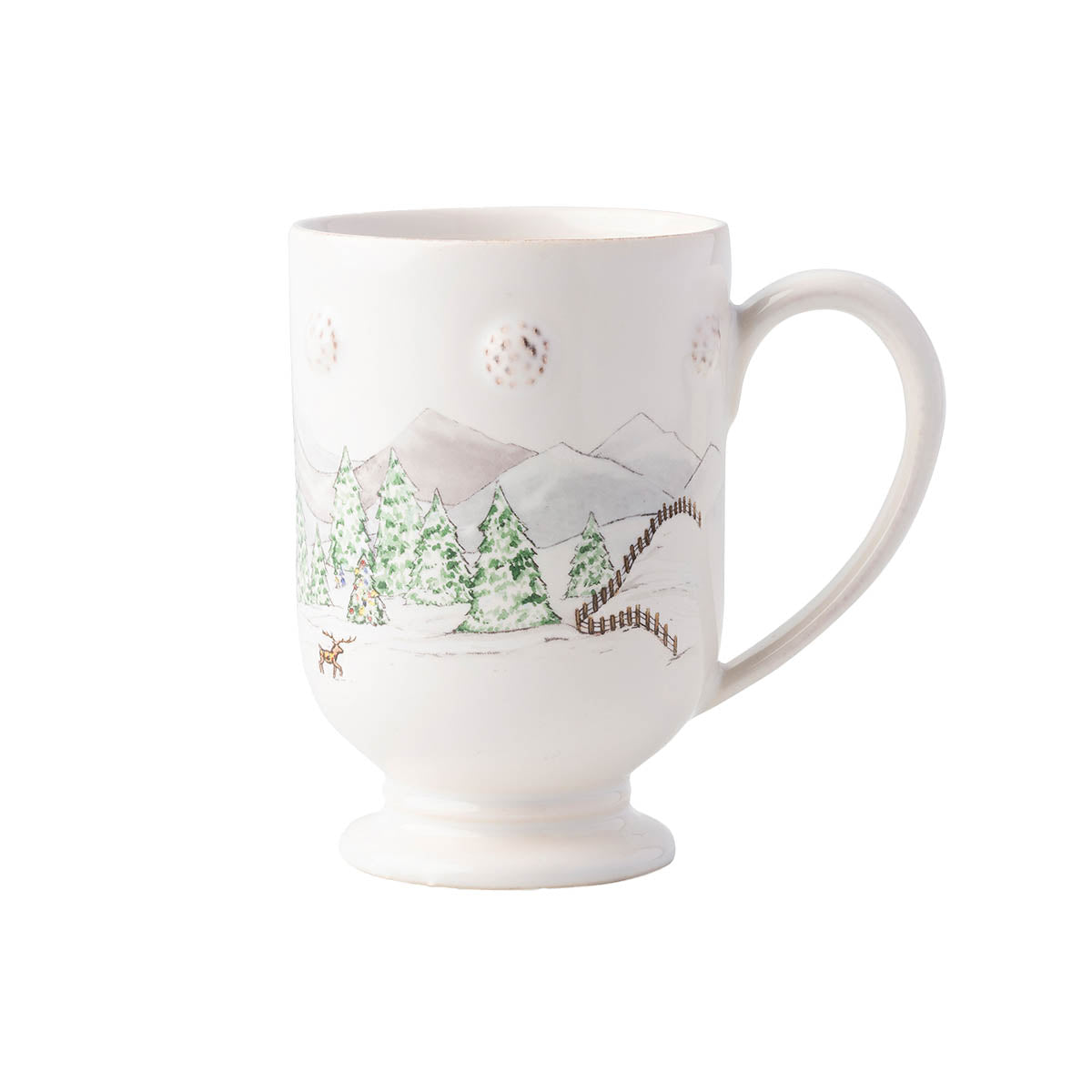 Juliska Berry & Thread North Pole footed mug with snowy evergreens and raised berry detail