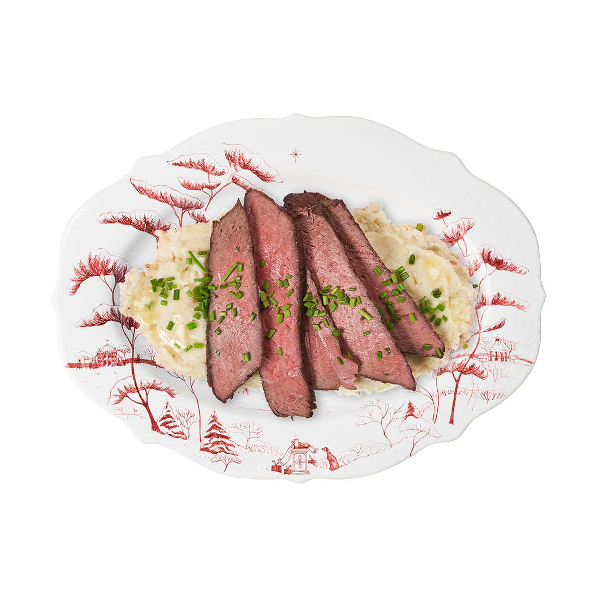 Ruby Winter Frolic platter with sliced roast beef over mashed potatoes