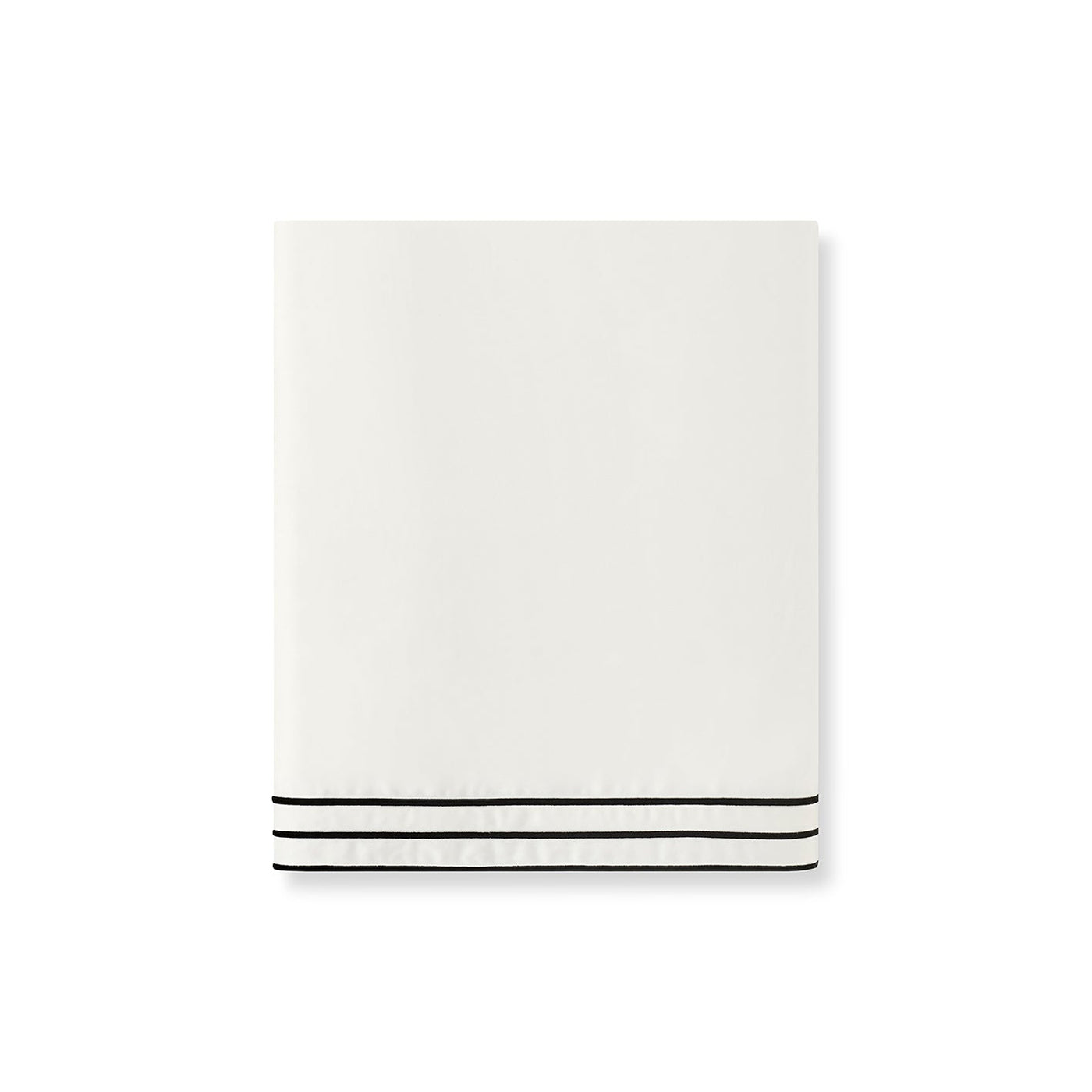Folded ivory flat sheet with three parallel navy border stripes along the hem.