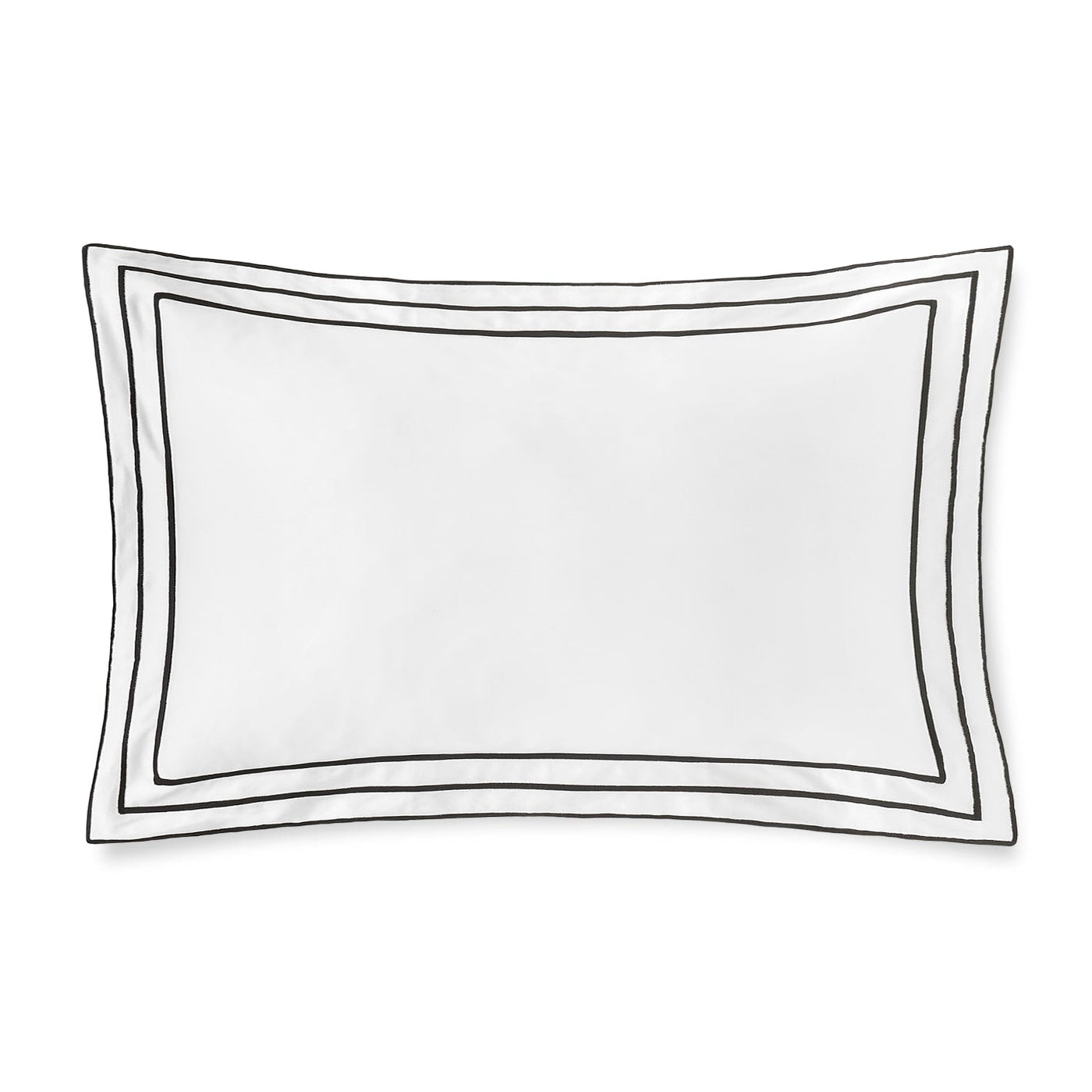 White pillow sham with triple black embroidered border detail on flanged edge.