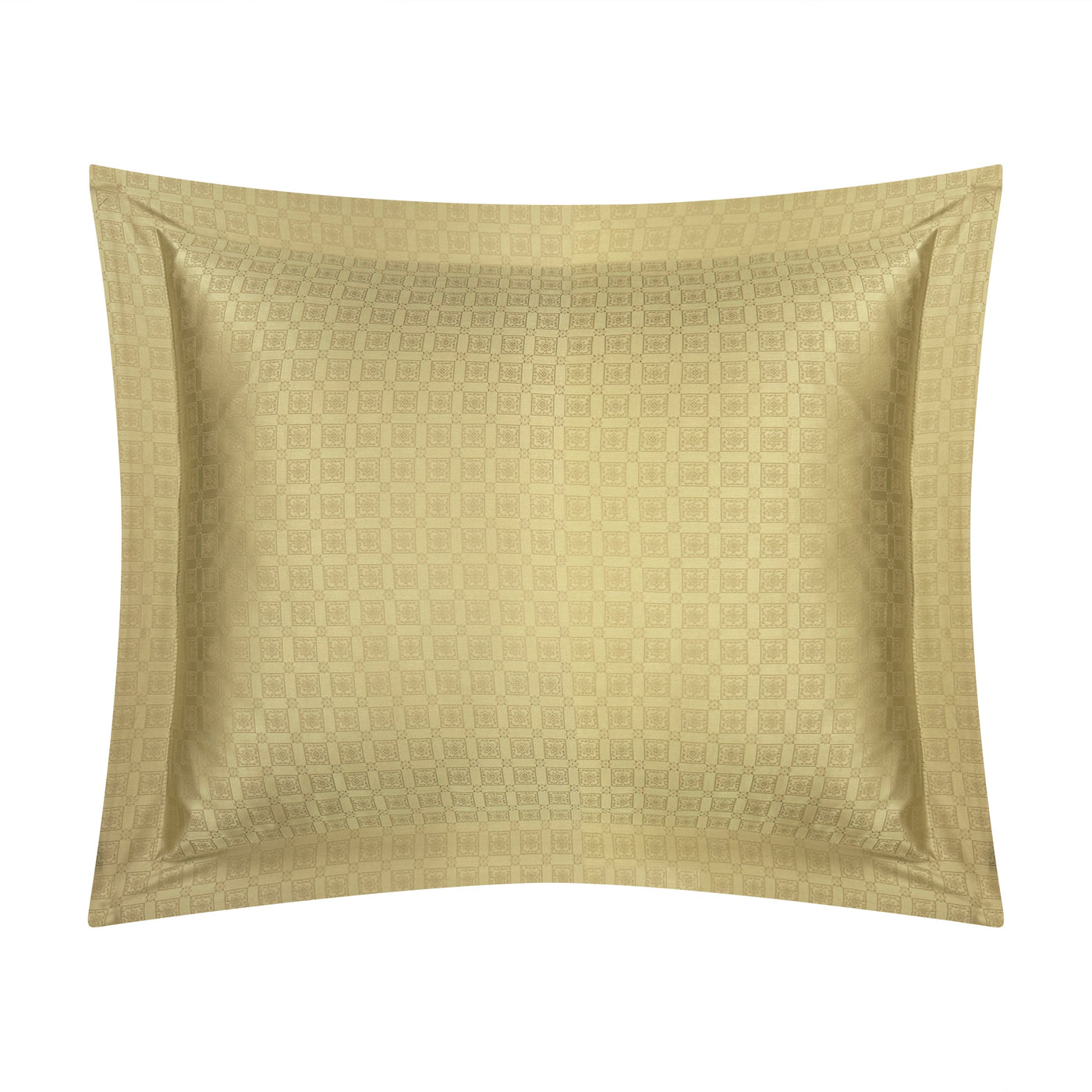 Champagne cotton pillow sham with tonal geometric jacquard weave and wide border flange.