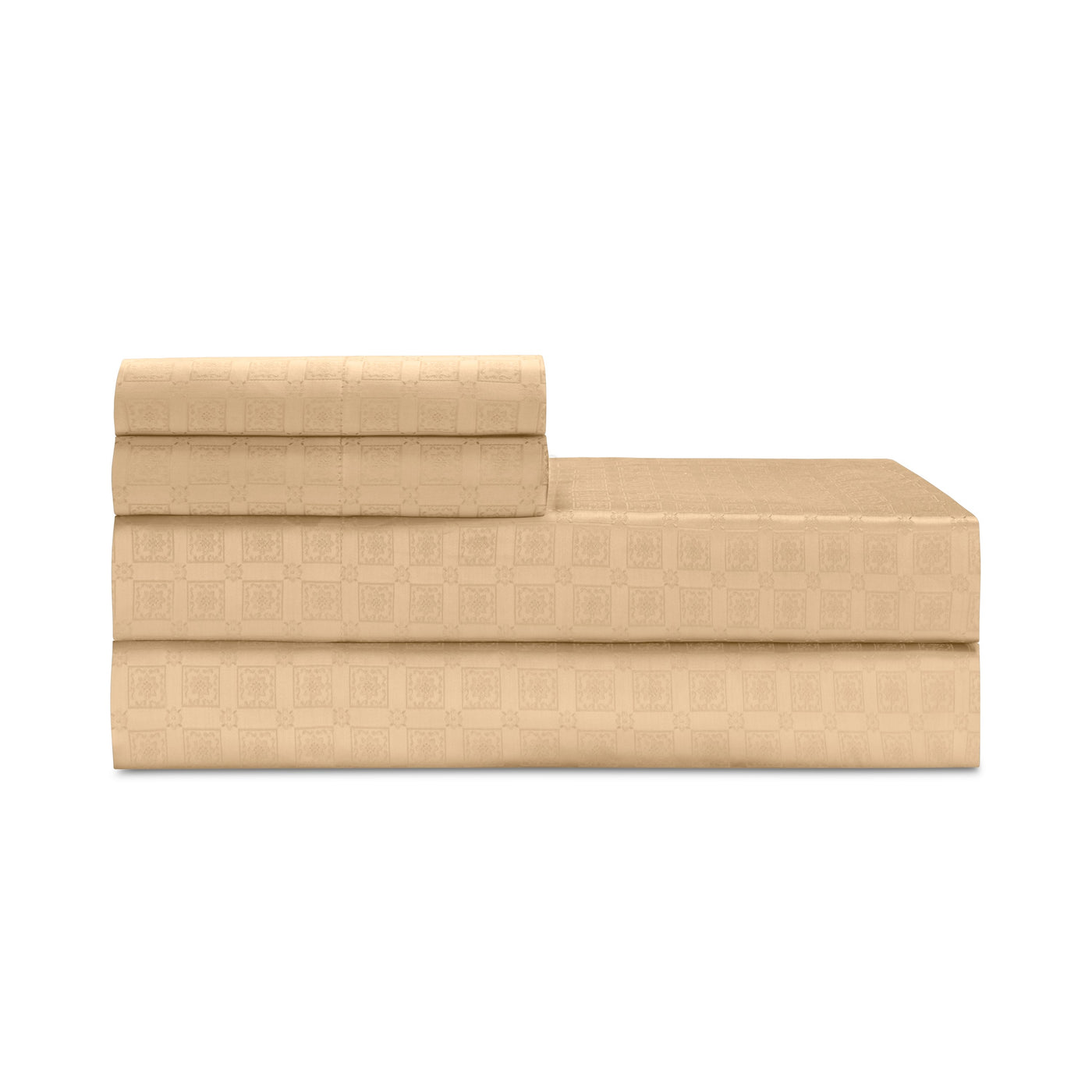 Home Treasures Albert sheet set in champagne with woven square jacquard pattern, neatly folded.