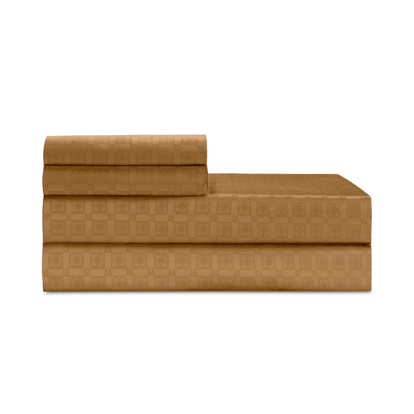 Stacked caramel Albert sheet set showing woven geometric square jacquard pattern.