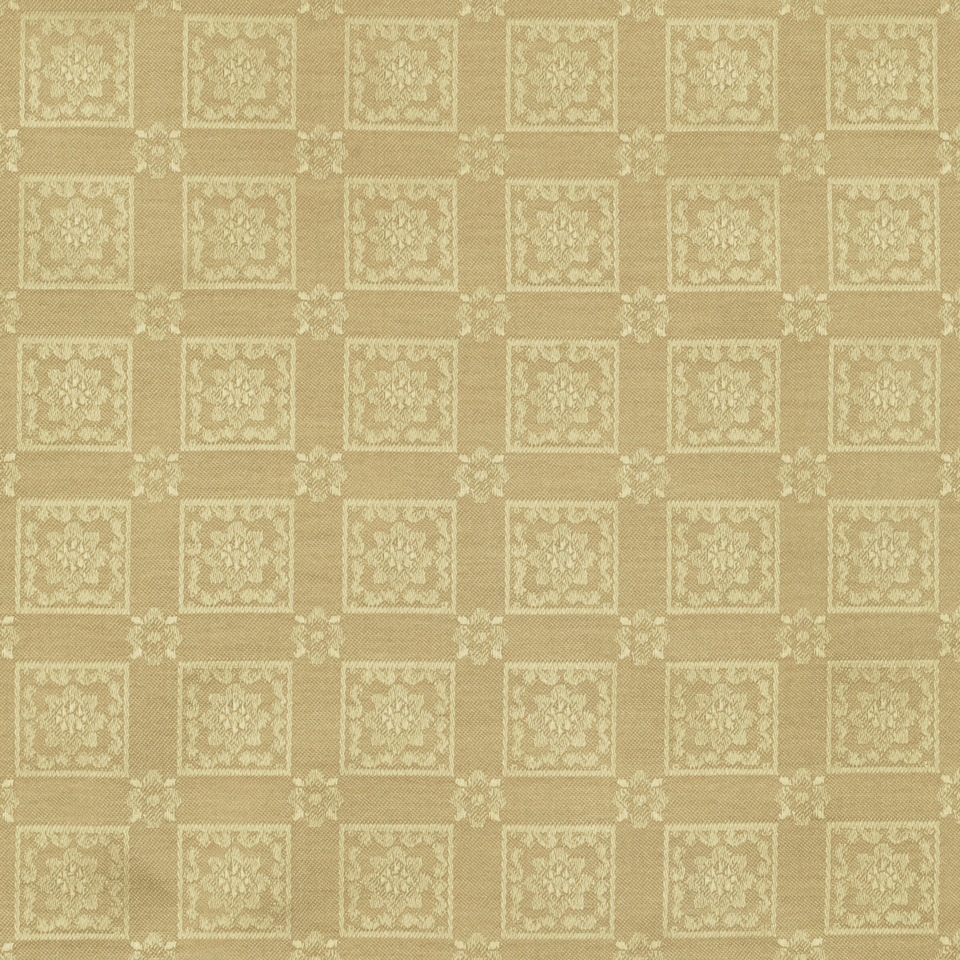 Close-up of Home Treasures Albert fabric in gold with woven geometric medallion grid pattern.