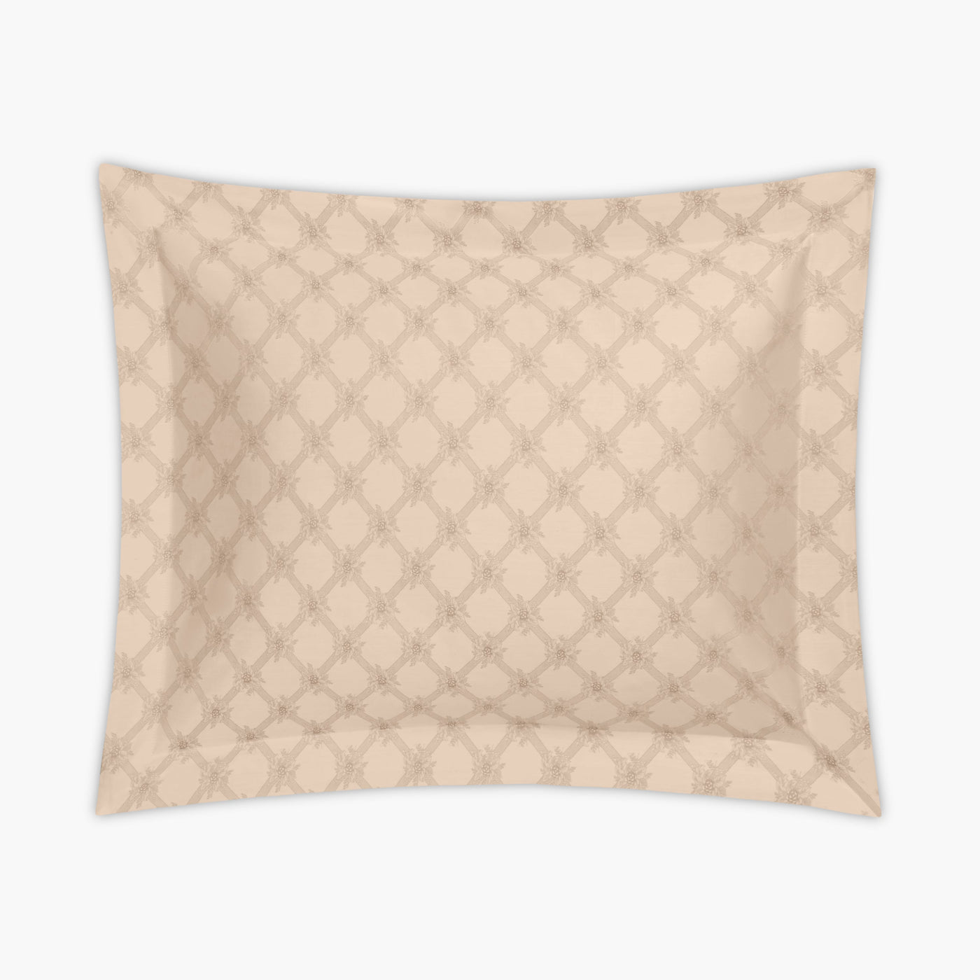 Close-up of Alexandra pillow sham in blush with tonal diamond lattice jacquard pattern.