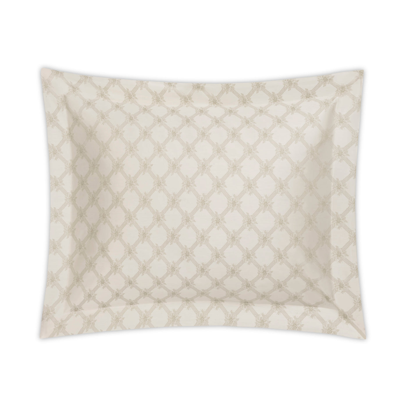 Close-up of Home Treasures Alexandra pillow sham with ivory lattice embroidery pattern.