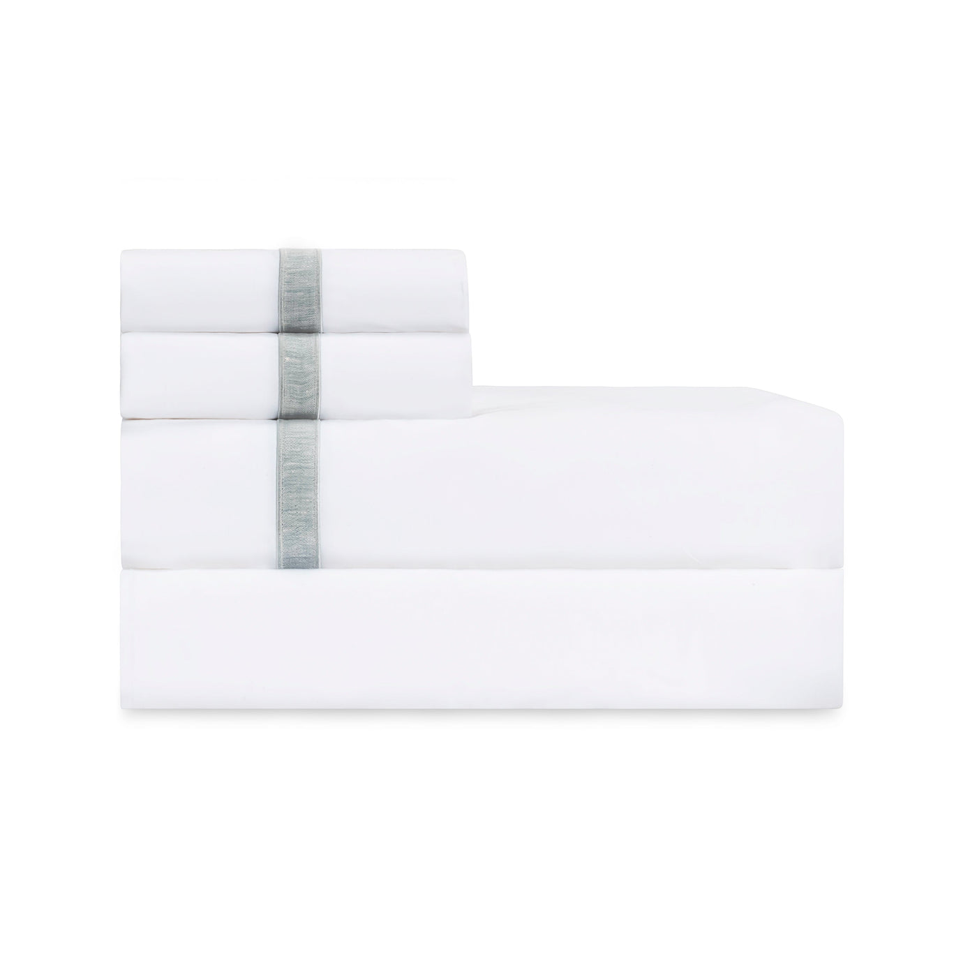 Folded white sheet set with silver embroidered border band, stacked neatly.