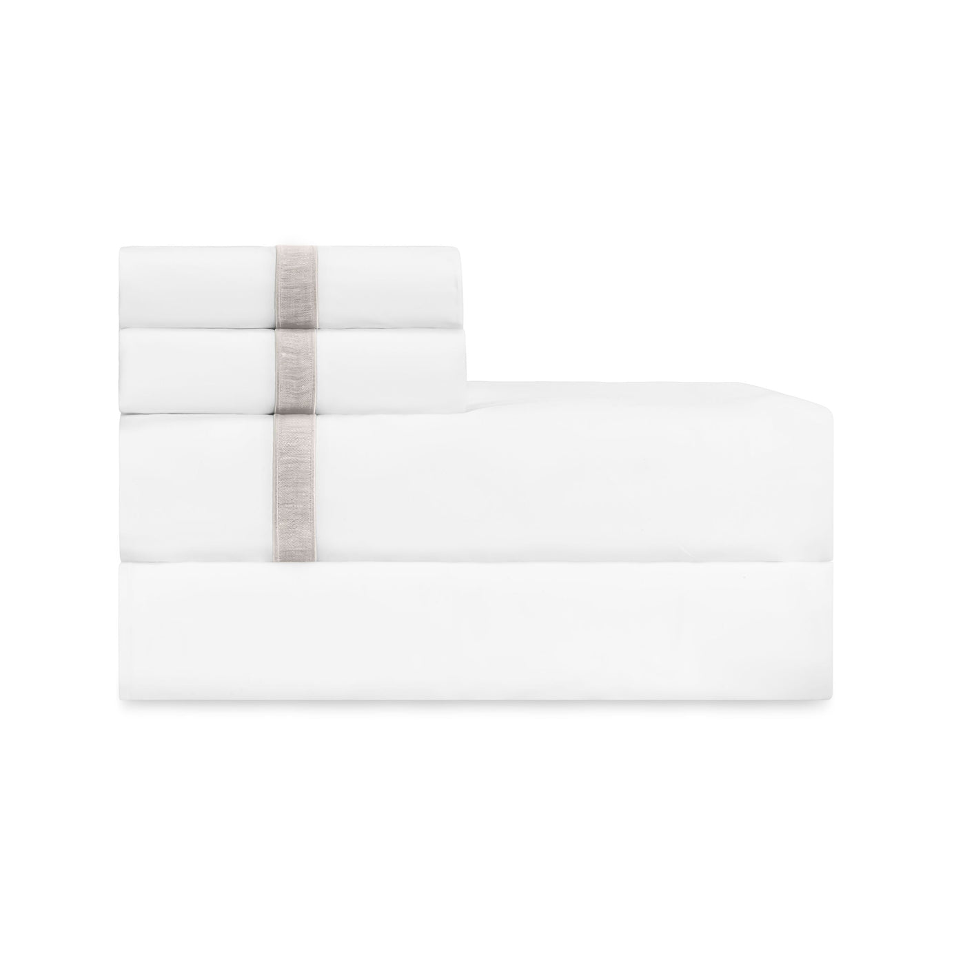 Close-up of folded white sheet set with taupe embroidered border trim detail.