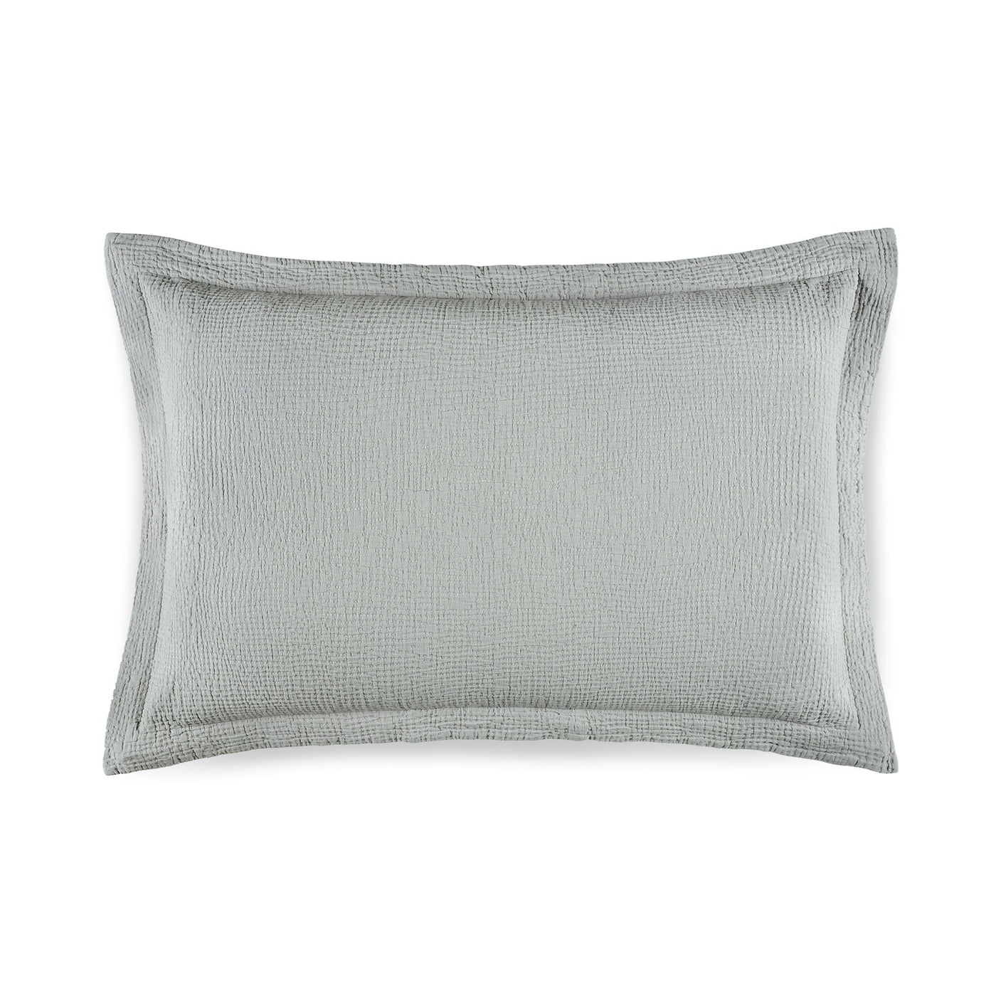 Mist-toned textured cotton sham with stitched flange border, flat lay view.