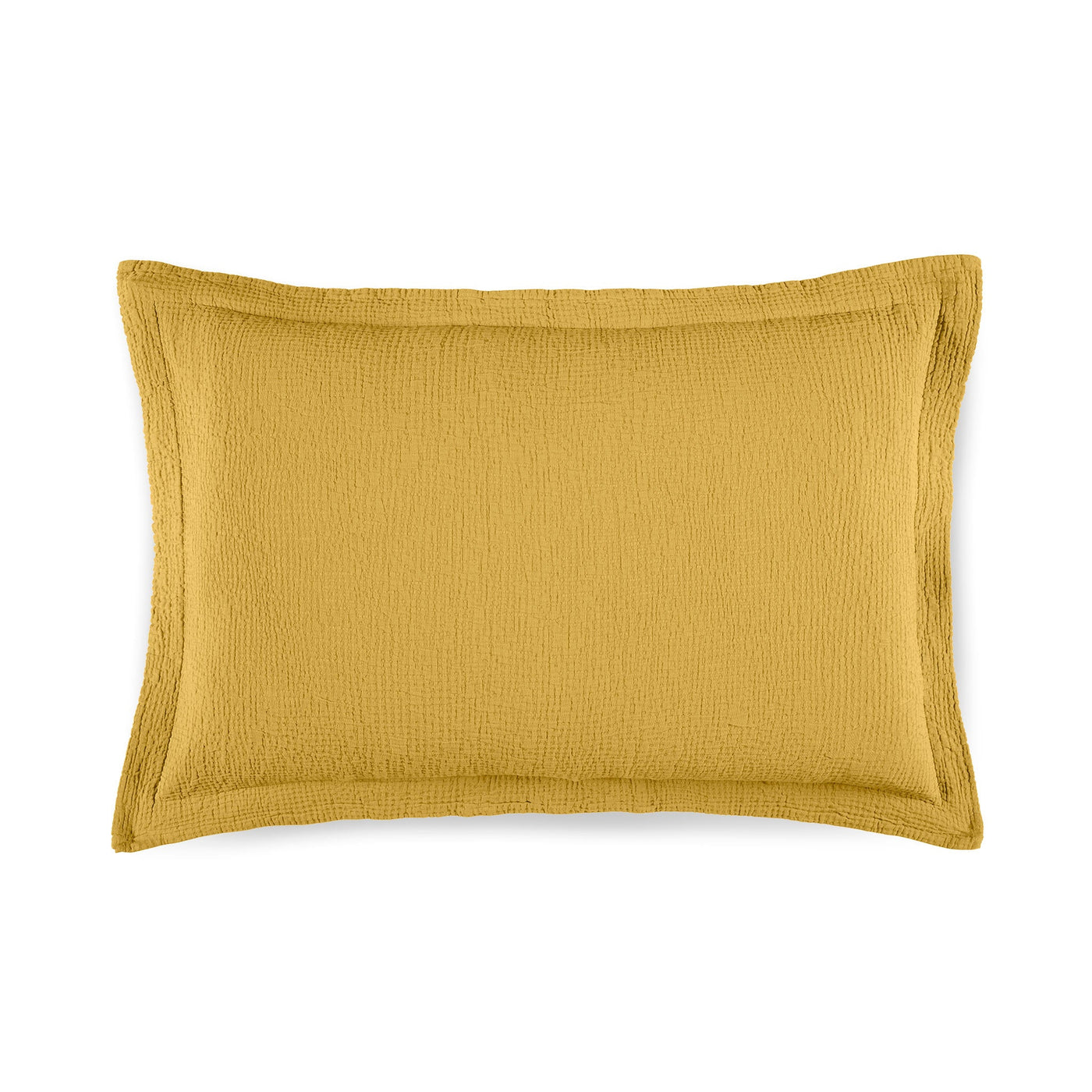 Close-up of Amalia Home Collection Areia sham in mustard yellow with textured matelassé weave and flanged border.