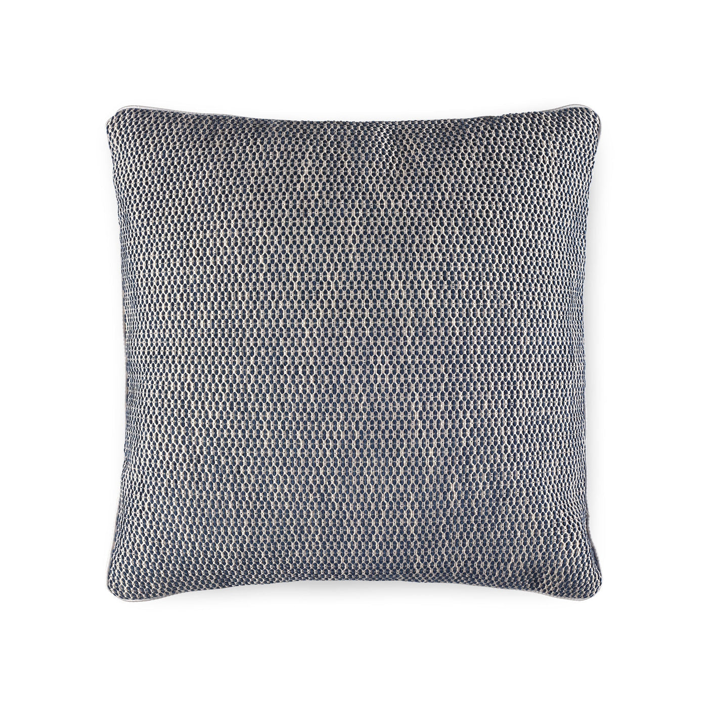 The Jasmim Decorative Pillow by Amalia Home Collection features a dobby textured, woven fabric in dark blue and gray, made in Portugal and displayed on a white background.