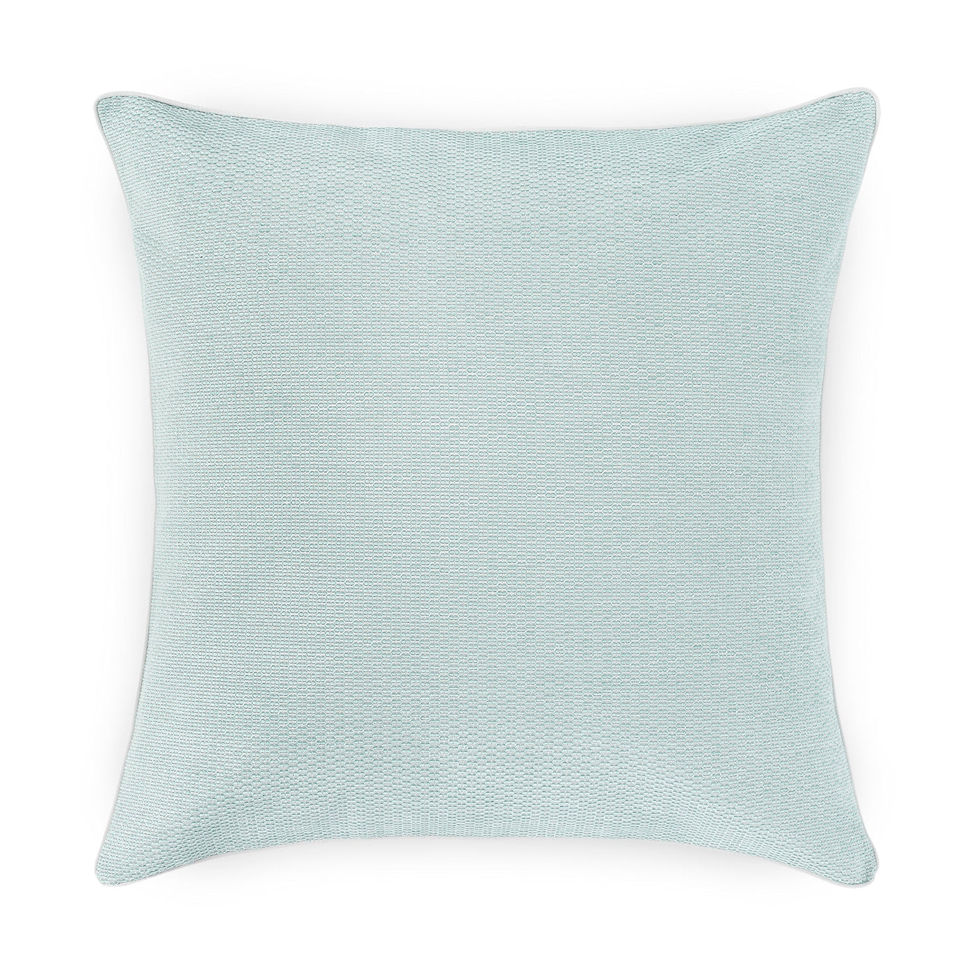 Close-up of Jasmim euro sham in pale aqua with subtle woven texture and knife-edge border.