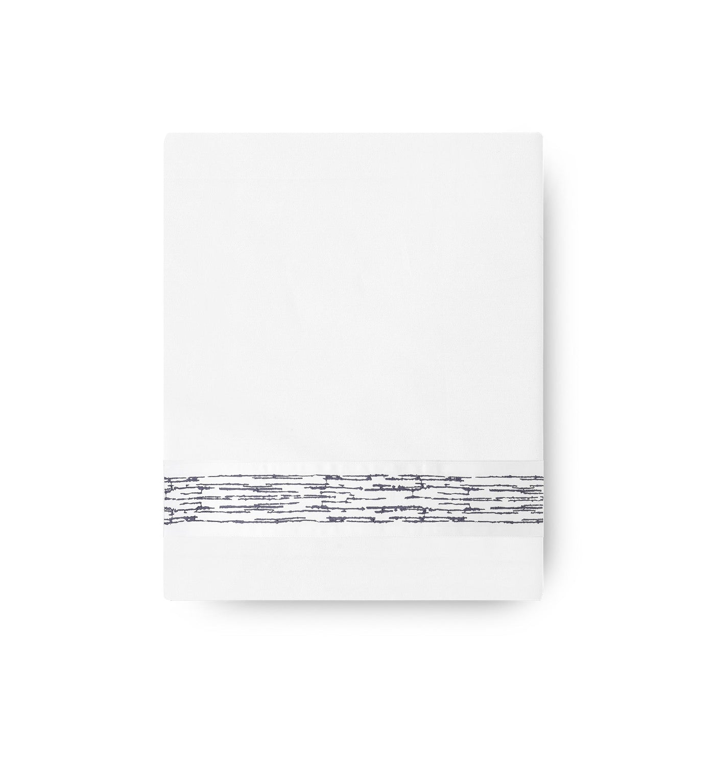 Close-up of Alentejo flat sheet hem with navy hand-drawn line embroidery on white cotton.