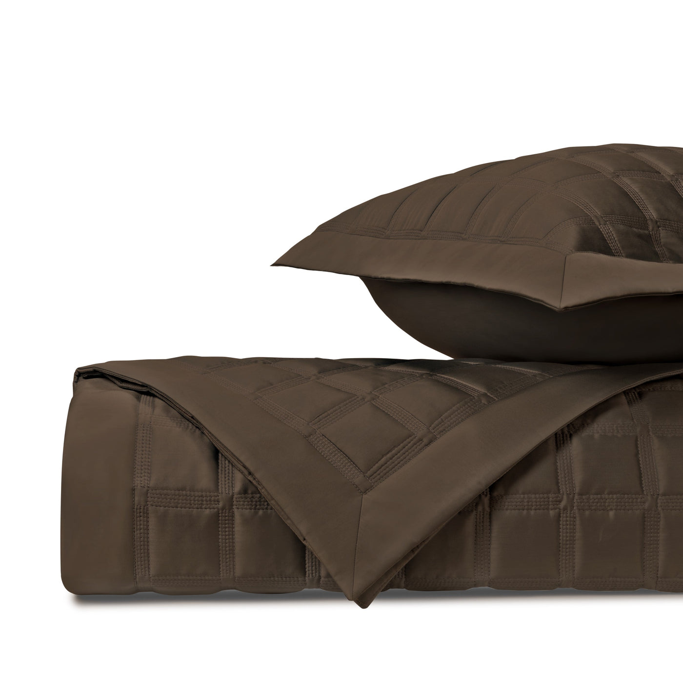 Close-up of Athens quilted satin in chocolate, showing grid-stitched texture with coordinating sham.
