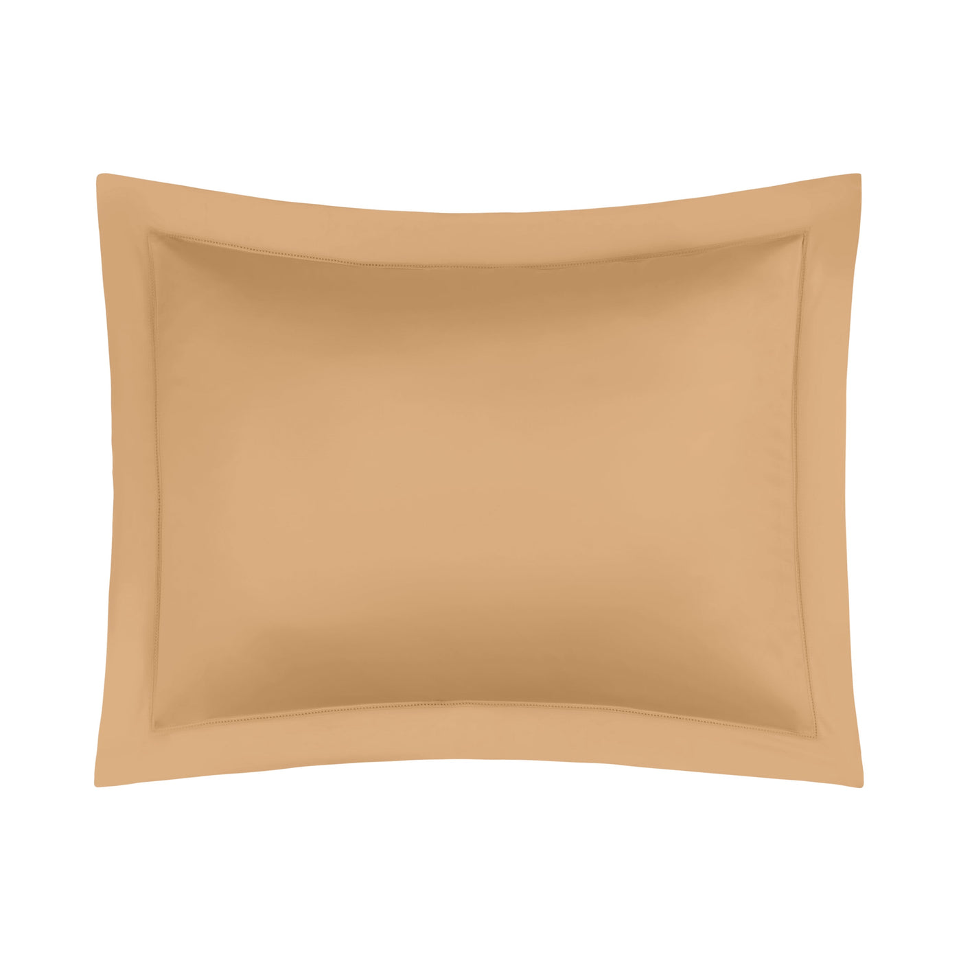 Flat lay of a camel-toned pillow sham with a classic flange border detail.