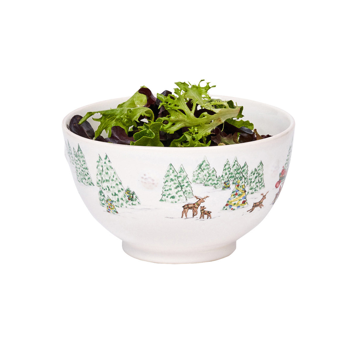 North Pole cereal bowl filled with salad greens