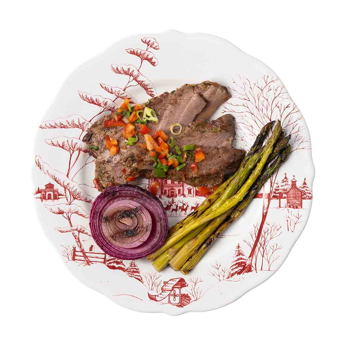 Ruby Winter Frolic dinner plate with steak, roasted asparagus and red onion
