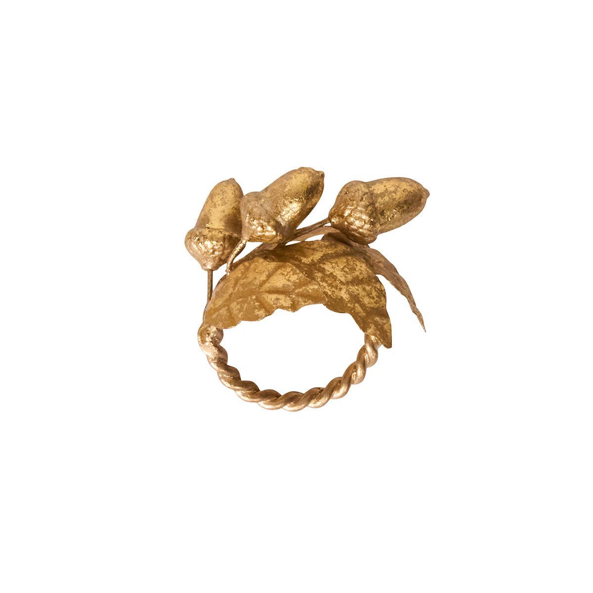 Juliska Forest Walk gold napkin ring with a cluster of acorns and leaves