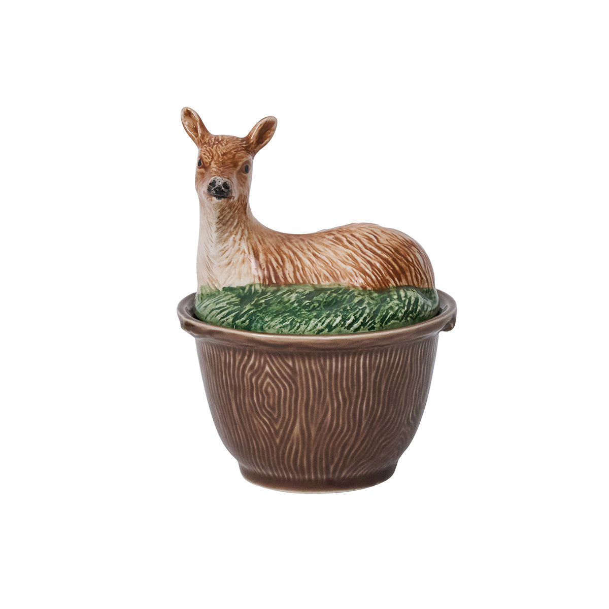 Juliska Forest Walk lidded bowl with a resting deer on a green grass lid over a brown bark-textured bowl