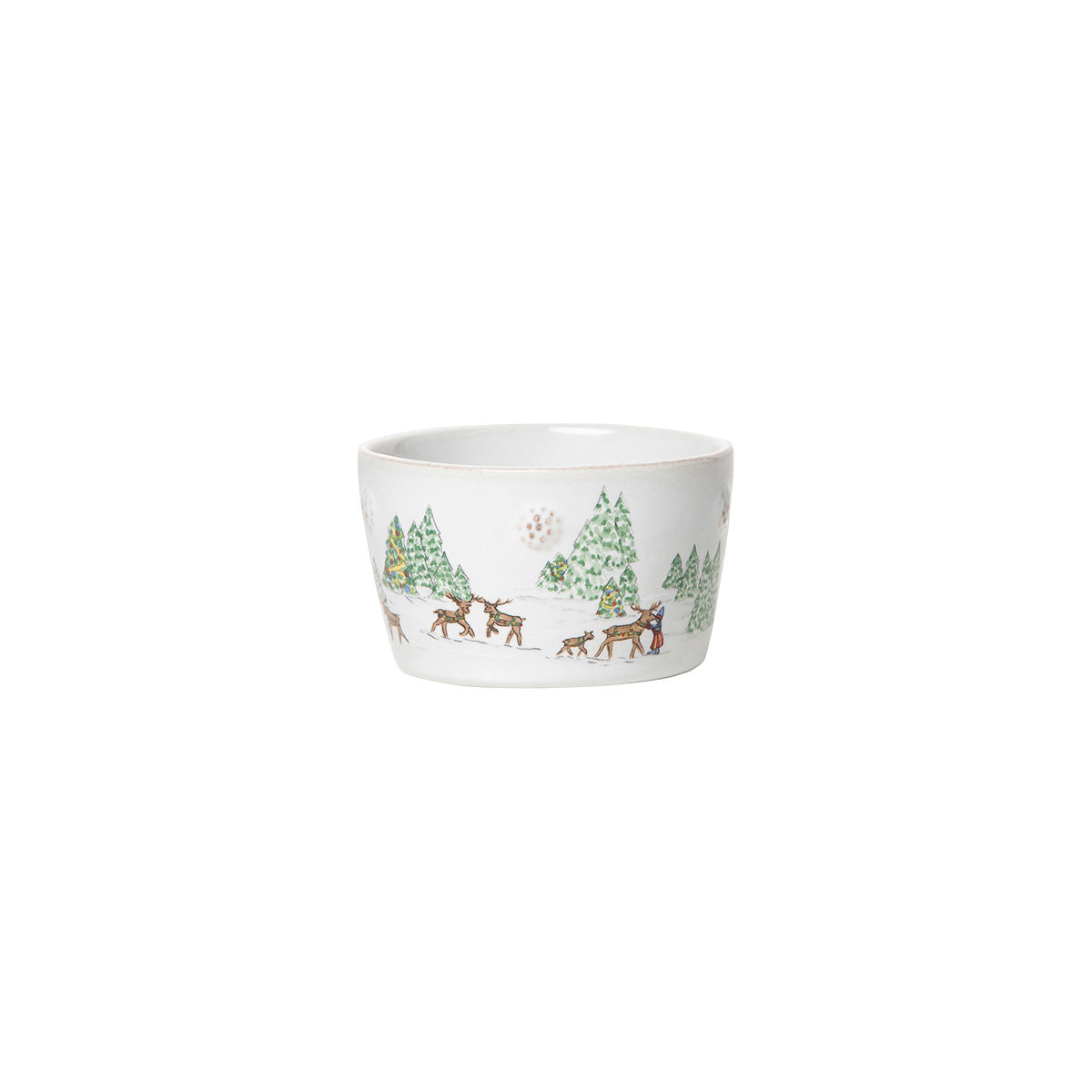 North Pole ramekin showing a reindeer herd and fir trees