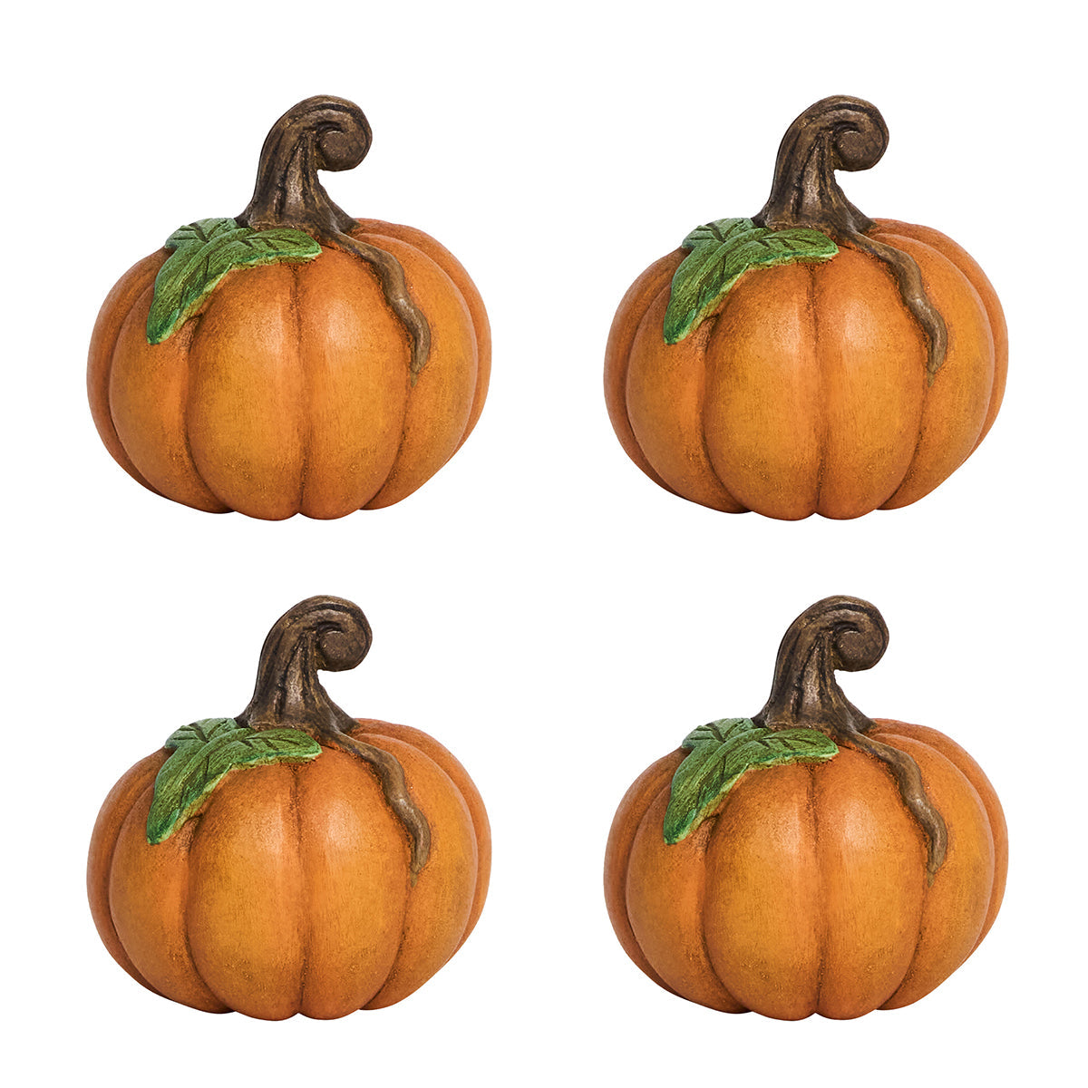 Juliska Forest Walk set of four orange pumpkin place card holders with green leaves and brown stems