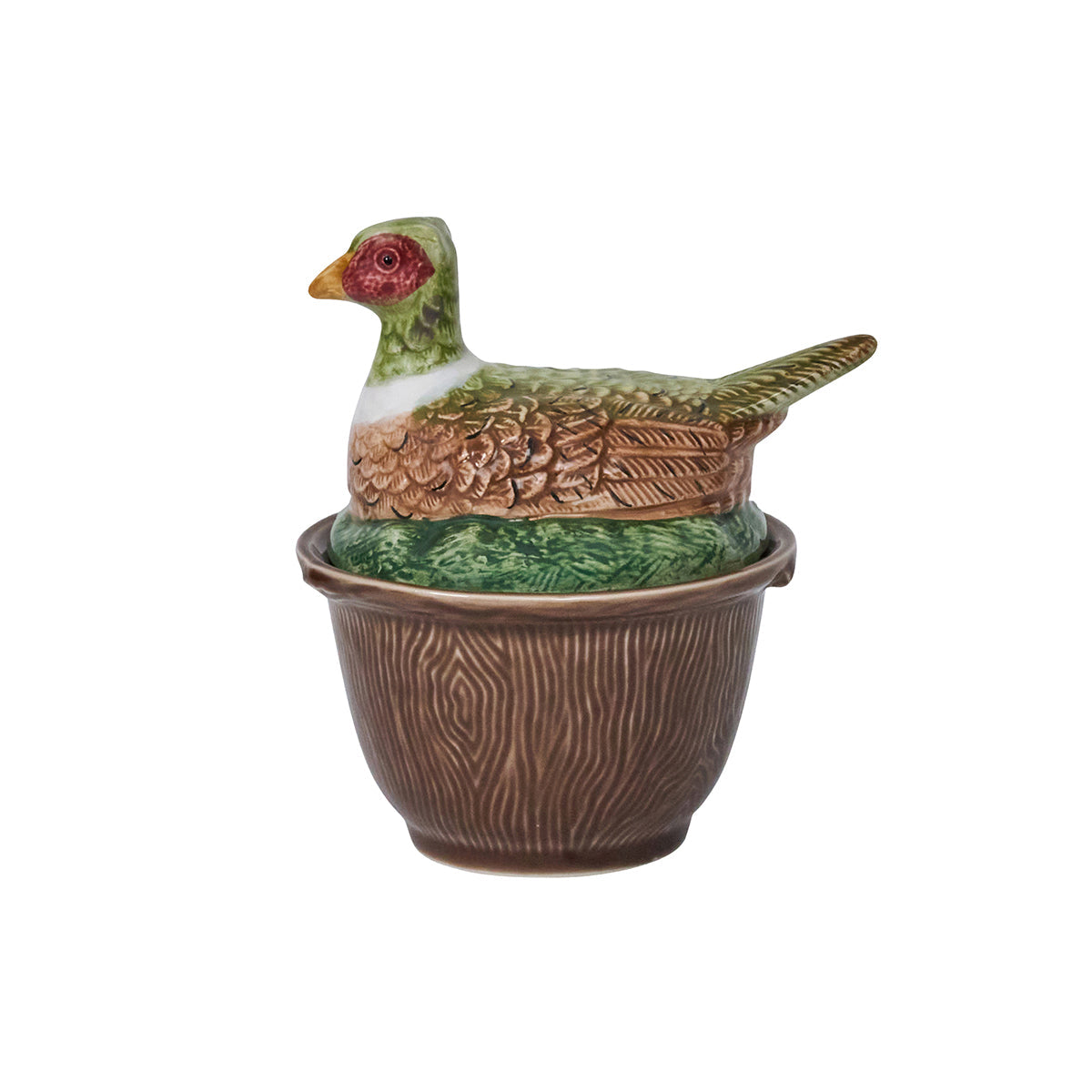Juliska Forest Walk lidded bowl with a pheasant on a green grass lid over a brown bark-textured bowl