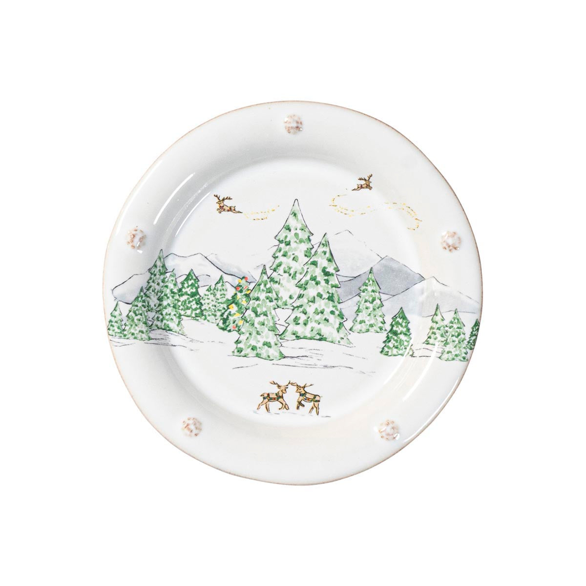 North Pole side plate with a tall evergreen and reindeer in the snow