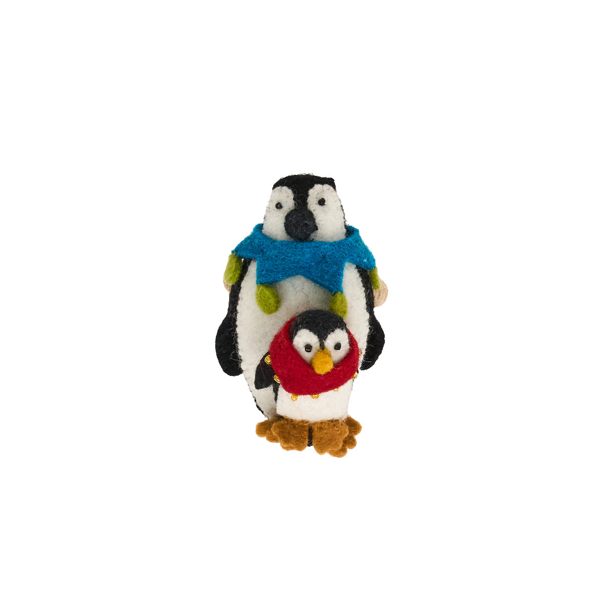 Felt penguin napkin ring with a baby penguin in a red hat